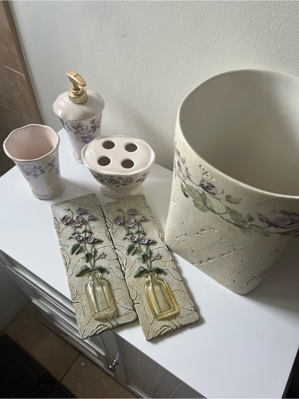 Croscill Pink and Purple Floral Ceramic Bath Accessory Set